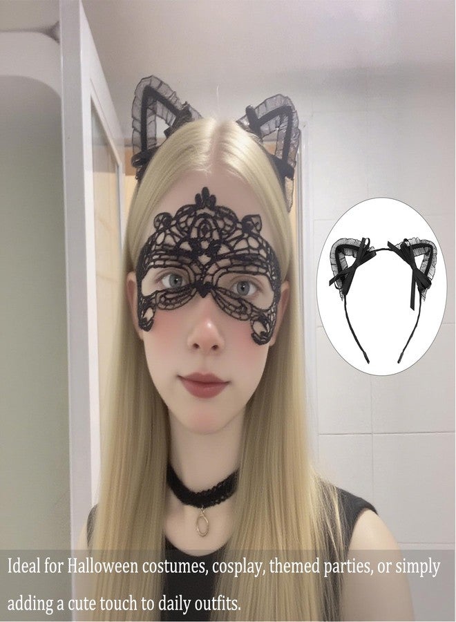 Chanseen 3Pcs Black Lace Cat Ears Headband Cat Hair Accessories Hairband Headwear for Women Halloween Costume Party Cosplay Everyday Wear - Image 2